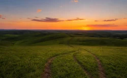 夕暮れ時の広大な草原と丘陵、細い小道が続く写実的な自然風景