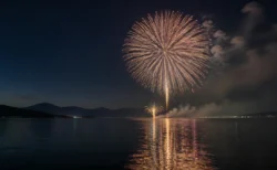 夜の湖畔に打ち上がる花火と湖面の反射