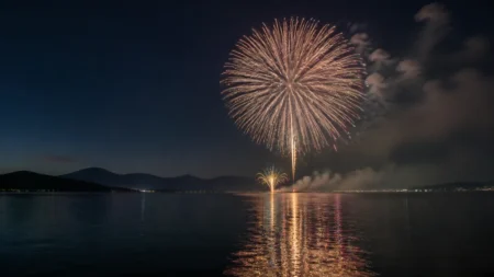 夜の湖畔に打ち上がる花火と湖面の反射
