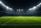 夜のフラッドライトに照らされたサッカースタジアムのピッチ