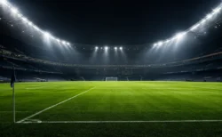 夜のフラッドライトに照らされたサッカースタジアムのピッチ