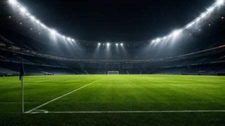 夜のフラッドライトに照らされたサッカースタジアムのピッチ