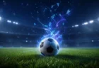 スマートフォンのゲーム画面の光とサッカーボールを組み合わせた抽象的なイメージ
