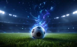 スマートフォンのゲーム画面の光とサッカーボールを組み合わせた抽象的なイメージ