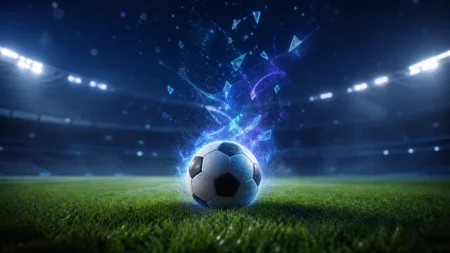 スマートフォンのゲーム画面の光とサッカーボールを組み合わせた抽象的なイメージ