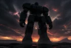 夕暮れの空に立つ巨大な黒いロボットのシルエット