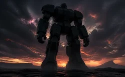 夕暮れの空に立つ巨大な黒いロボットのシルエット