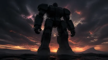 夕暮れの空に立つ巨大な黒いロボットのシルエット