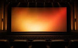 映画館の客席後方から見たスクリーンと照明のイメージ