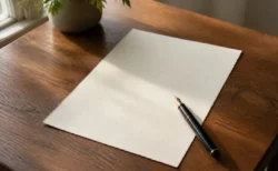 木製の机に置かれた手書きの手紙と万年筆、柔らかい自然光