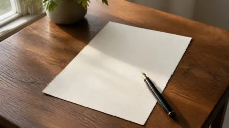 木製の机に置かれた手書きの手紙と万年筆、柔らかい自然光