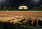 夏の甲子園、ナイター照明に照らされた高校野球場のベンチ前に並ぶバットとグローブ、遠くにスコアボードの明かり