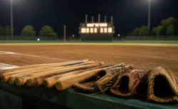 夏の甲子園、ナイター照明に照らされた高校野球場のベンチ前に並ぶバットとグローブ、遠くにスコアボードの明かり