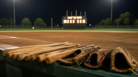 夏の甲子園、ナイター照明に照らされた高校野球場のベンチ前に並ぶバットとグローブ、遠くにスコアボードの明かり