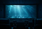 暗い4DXシアターの座席から見た、青みがかった水中の光を映すスクリーン
