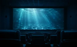 暗い4DXシアターの座席から見た、青みがかった水中の光を映すスクリーン