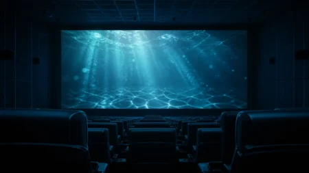 暗い4DXシアターの座席から見た、青みがかった水中の光を映すスクリーン