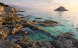 夕方の柔らかい光に照らされた、人魚伝説を思わせる島の海岸風景