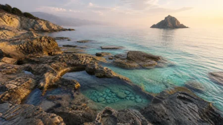 夕方の柔らかい光に照らされた、人魚伝説を思わせる島の海岸風景