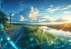 夕暮れの河原と入道雲、青いガラスの質感が印象的な夏の風景イメージ