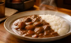 湯気の立つ欧風カレーライスのプレート