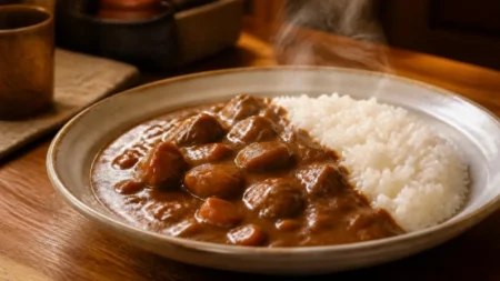 湯気の立つ欧風カレーライスのプレート