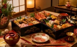 和風の重箱に彩り豊かな料理が詰められた、正月飾りのある食卓の情景
