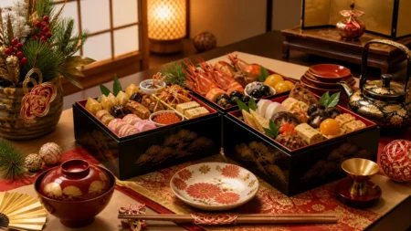 和風の重箱に彩り豊かな料理が詰められた、正月飾りのある食卓の情景