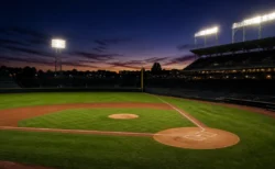 ナイター照明に照らされた無人の野球スタジアム、夕暮れの空とマウンド・ホームベース付近の芝生