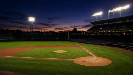 ナイター照明に照らされた無人の野球スタジアム、夕暮れの空とマウンド・ホームベース付近の芝生