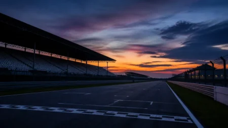 夕暮れのレーシングサーキット、無人のスタートライン付近から見たコースの情景