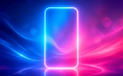 スマートフォンの画面に見立てた抽象的な光の枠、青とピンクのグラデーション背景