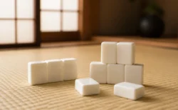 和室で柔らかな照明に照らされた無地の白い牌のイメージ