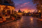 夕暮れの遊園地に飾られたハロウィーンのかぼちゃとイルミネーション