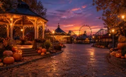 夕暮れの遊園地に飾られたハロウィーンのかぼちゃとイルミネーション