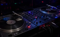 暗いクラブのDJブースに置かれたターンテーブルとミキサー