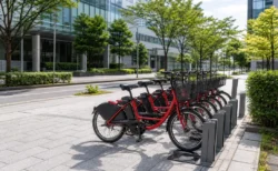 シェアサイクルの駐輪ポートに並ぶ自転車のイメージ