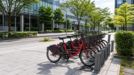 シェアサイクルの駐輪ポートに並ぶ自転車のイメージ