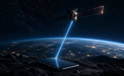 夜空に浮かぶ人工衛星と地上のスマートフォンをつなぐ通信のイメージ