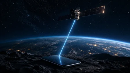 夜空に浮かぶ人工衛星と地上のスマートフォンをつなぐ通信のイメージ