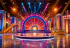 カラフルな照明とオレンジの閃光演出が施された無人のテレビバラエティスタジオ