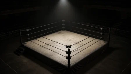 スポットライトに照らされた無人のプロレスリング