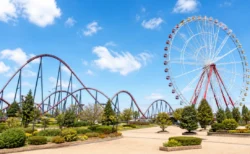 青空の下に観覧車とジェットコースターが並ぶ遊園地の情景