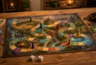 木製テーブルに広げられたファンタジー風のすごろく盤ゲームとサイコロ、駒