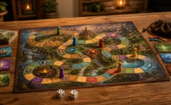 木製テーブルに広げられたファンタジー風のすごろく盤ゲームとサイコロ、駒