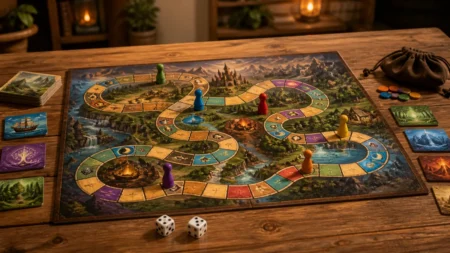 木製テーブルに広げられたファンタジー風のすごろく盤ゲームとサイコロ、駒