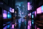 雨に濡れたネオン輝く夜のサイバーパンク都市の路地、無地の発光パネルが並ぶ