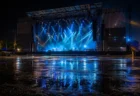 雨上がりの夜、無人の野外フェス会場でステージ照明が水たまりに反射する様子