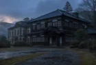 霧に包まれた薄暗い夕暮れの、北陸地方の旧家を思わせる和洋折衷の邸宅外観