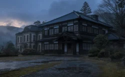 霧に包まれた薄暗い夕暮れの、北陸地方の旧家を思わせる和洋折衷の邸宅外観
